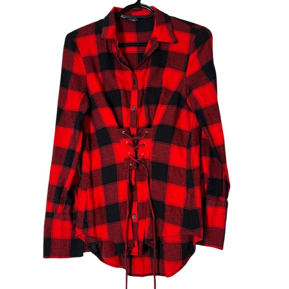 Express Red Black Buffalo Plaid Corset Style Flannel Top Womens XS Grunge Goth